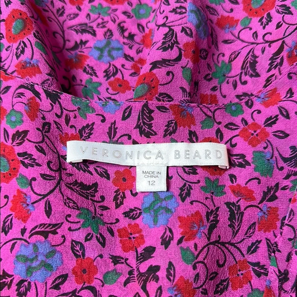 Veronica Beard Fuchsia Pink Floral Pleated Long Sleeve Silk Blouse - Picture 2 of 6